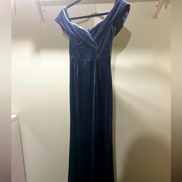 Lulu's Sweet Symphony Dusty Blue Velvet Off-the-Shoulder Maxi Dress Gown - Picture 4 of 9